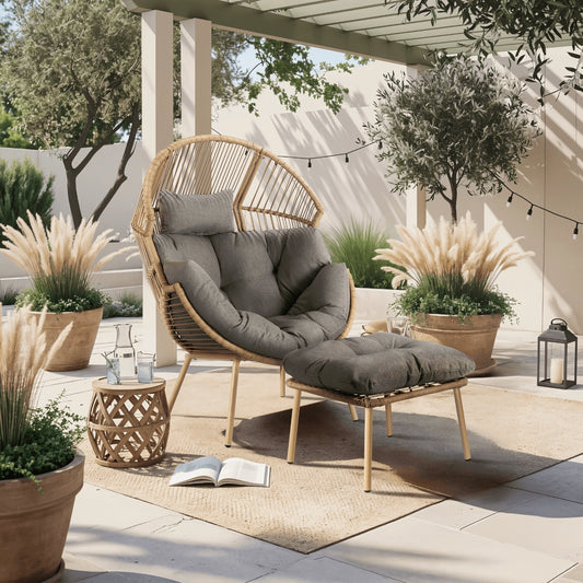 Aurelia Garten-Loungesessel mit Hocker – Natur & Grau