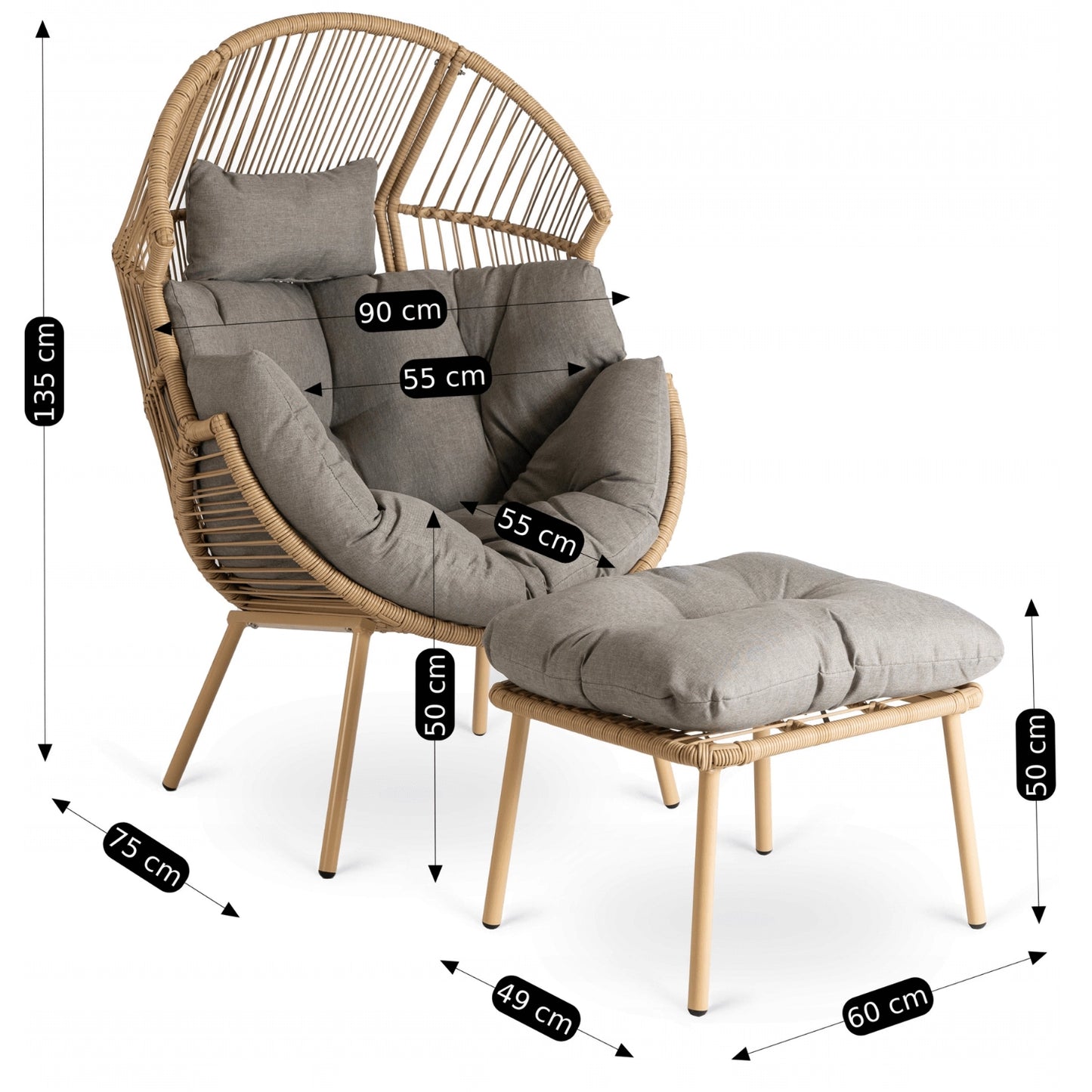 Aurelia Garten-Loungesessel mit Hocker – Natur & Grau