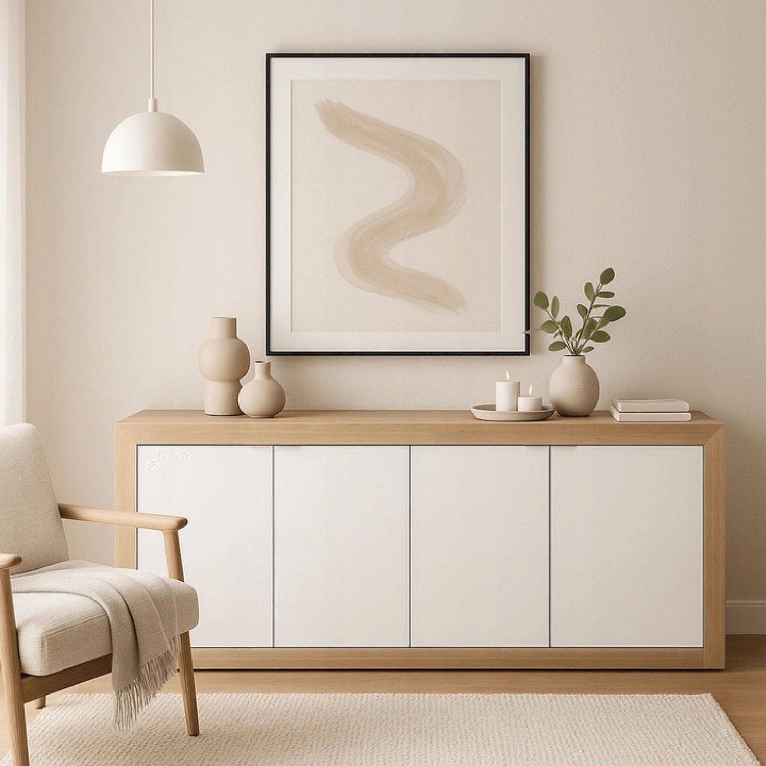 Marsely Alvera Sideboard 180 cm mit vier weißen Türen und Rahmen in Eiche Sonoma