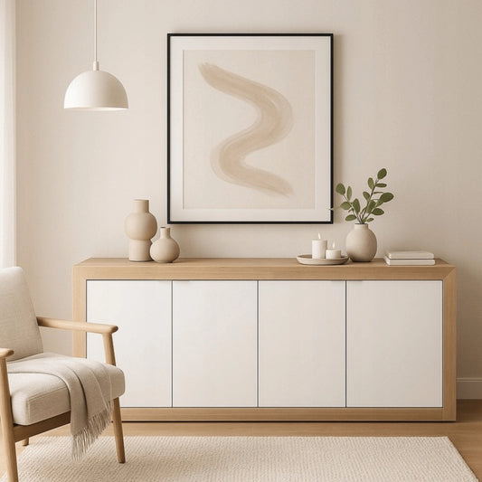 Marsely Alvera Sideboard 180 cm mit vier weißen Türen und Rahmen in Eiche Sonoma