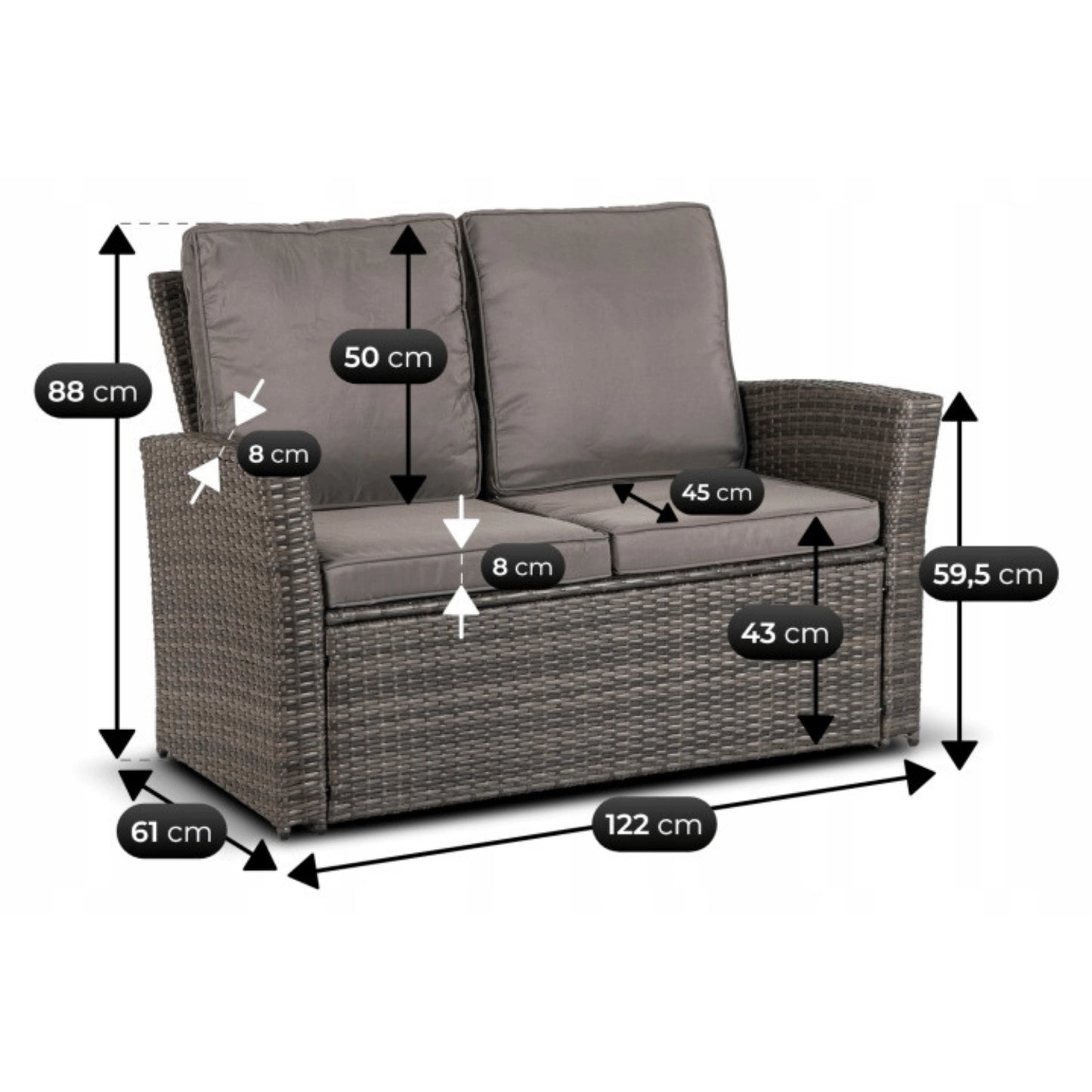 Maße des Marsely Calvia Zweisitzer-Gartensofas: 122 x 61 x 88 cm