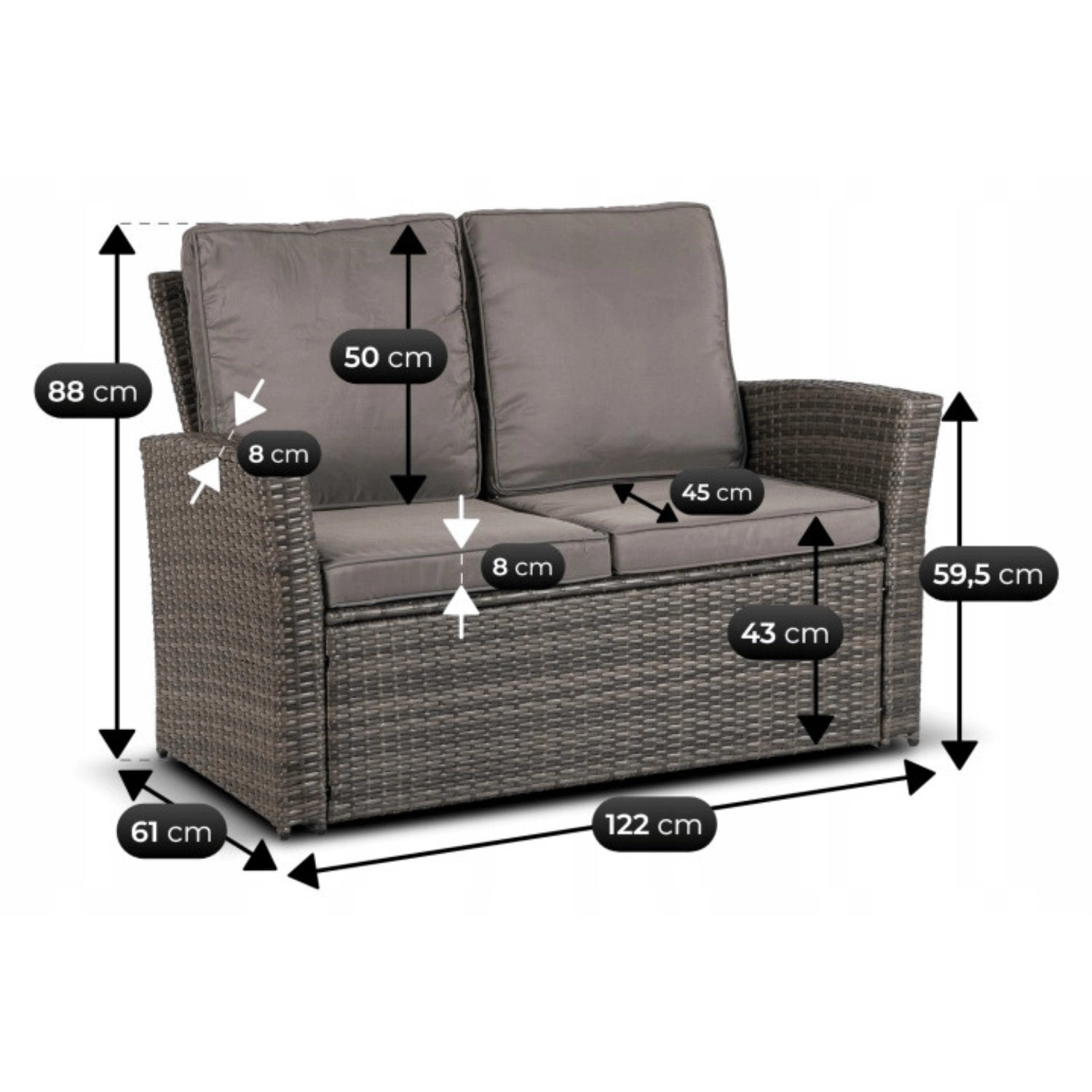 Maße des Marsely Calvia Zweisitzer-Gartensofas: 122 x 61 x 88 cm