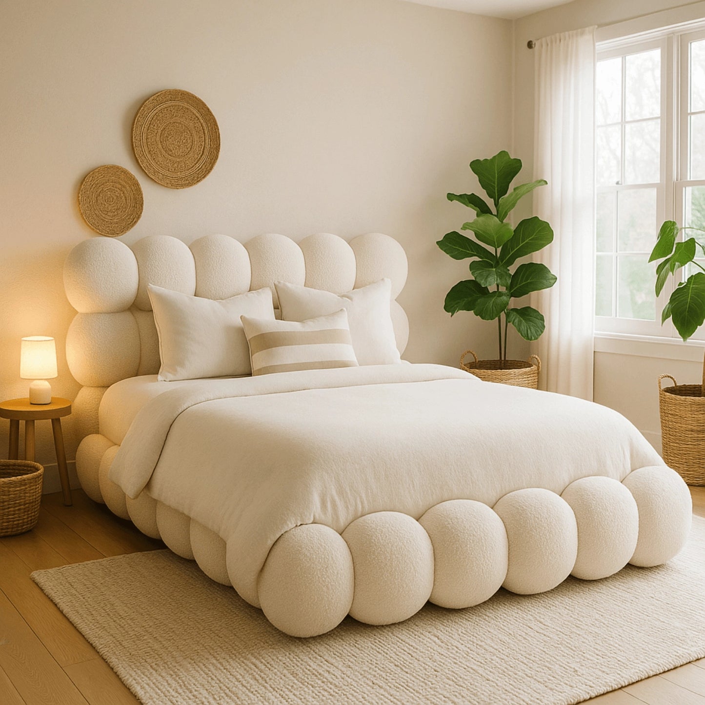 Marsely Eloria Polsterbett 160 x 200 cm in Creme Bouclé im hellen Schlafzimmer