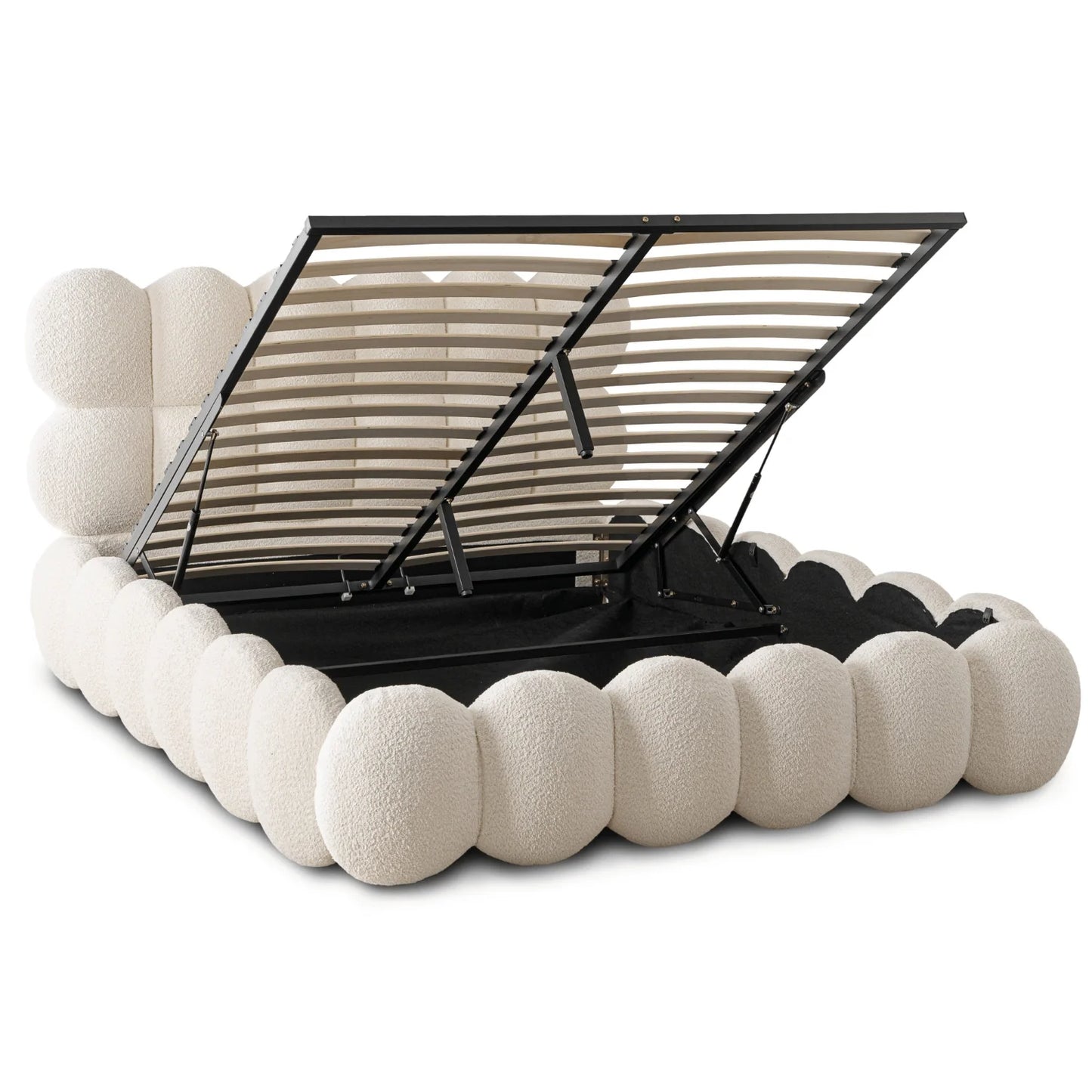 Marsely Eloria Polsterbett in Creme Bouclé mit angehobener Matratze und offenem Bettkasten