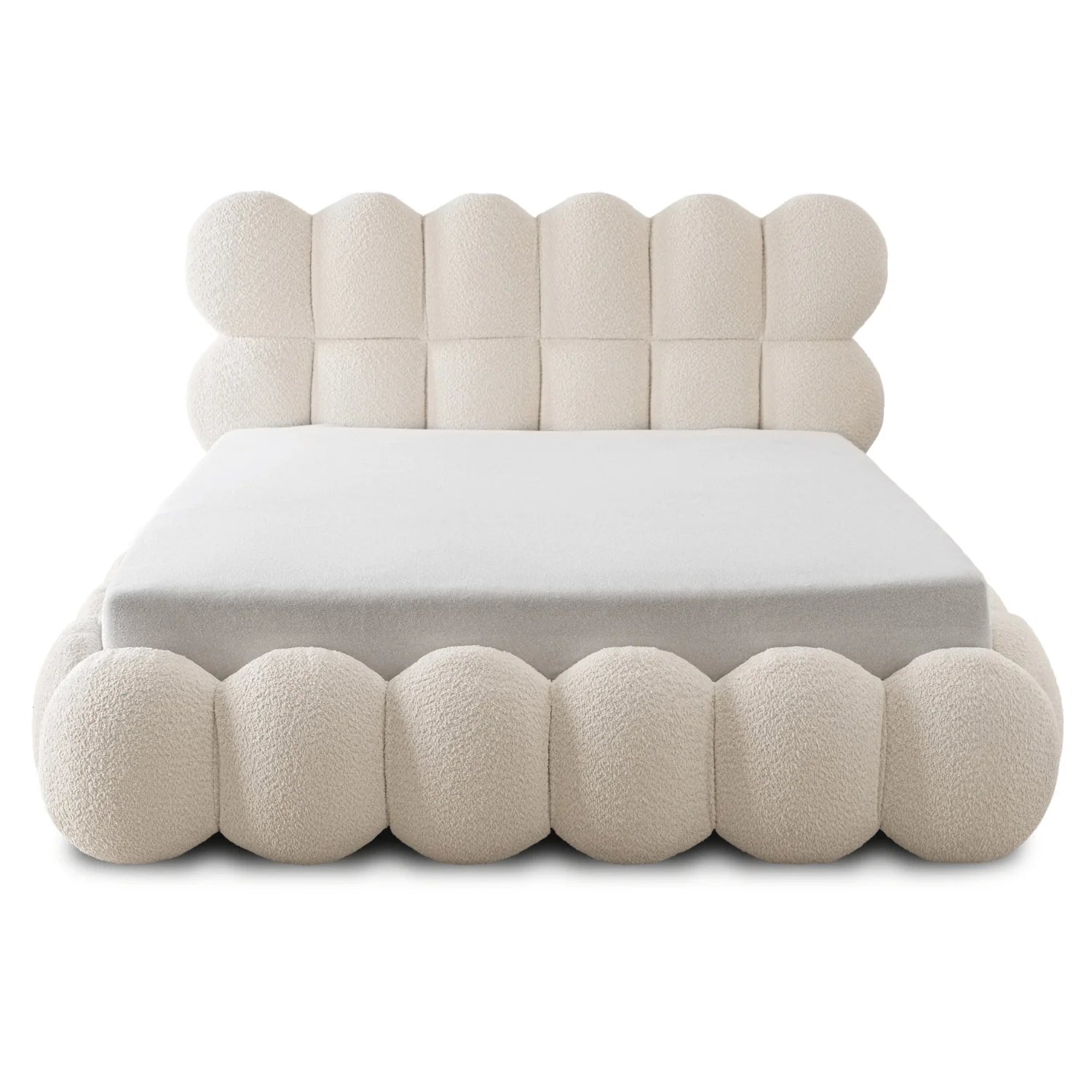 Frontansicht des Marsely Eloria Polsterbetts in Creme Bouclé mit sichtbarem Lattenrost