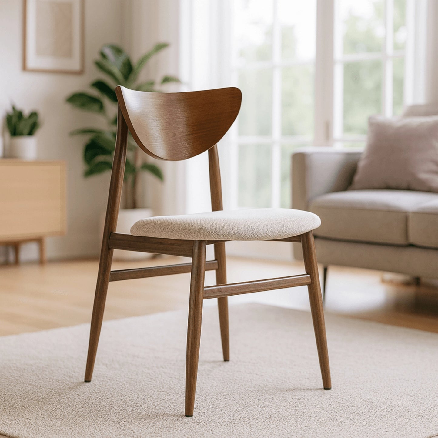 Esszimmerstuhl Elvara in Beige und Walnussoptik in einem hellen Wohnbereich