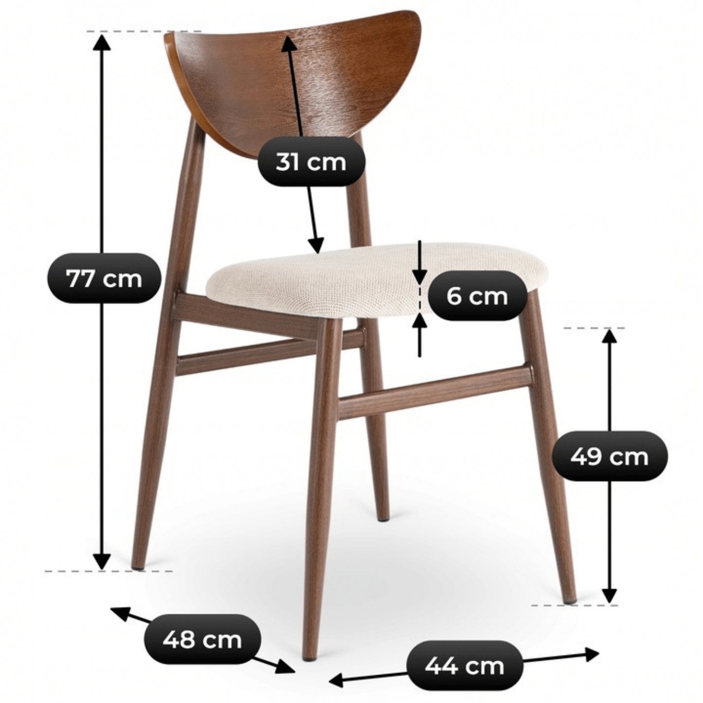 Maße des Esszimmerstuhls Elvara mit 77 cm Gesamthöhe, 49 cm Sitzhöhe und 44 cm Breite