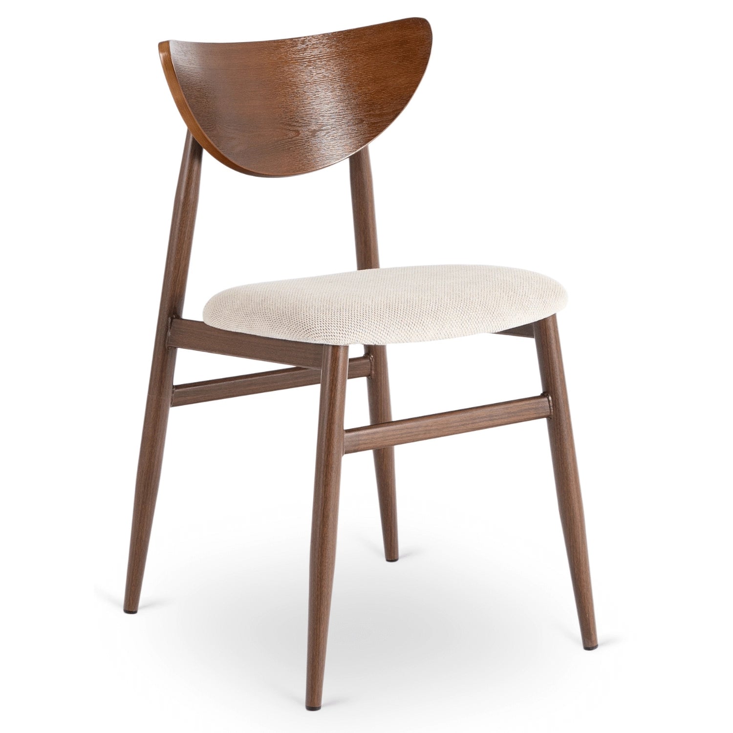 Esszimmerstuhl Elvara in Beige mit geschwungener Holzrückenlehne und Gestell in Walnussoptik