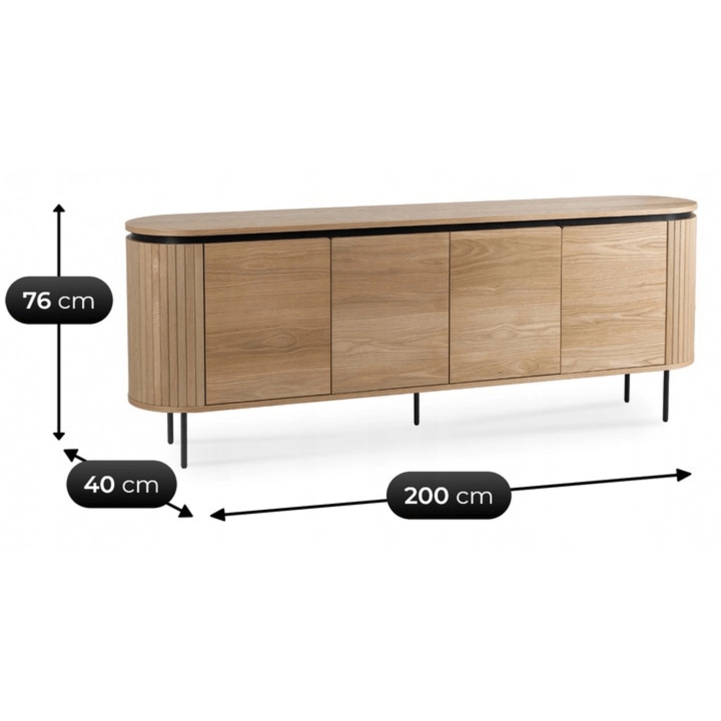 Maße des Sideboards Elvara: 200 cm breit, 76 cm hoch und 40 cm tief