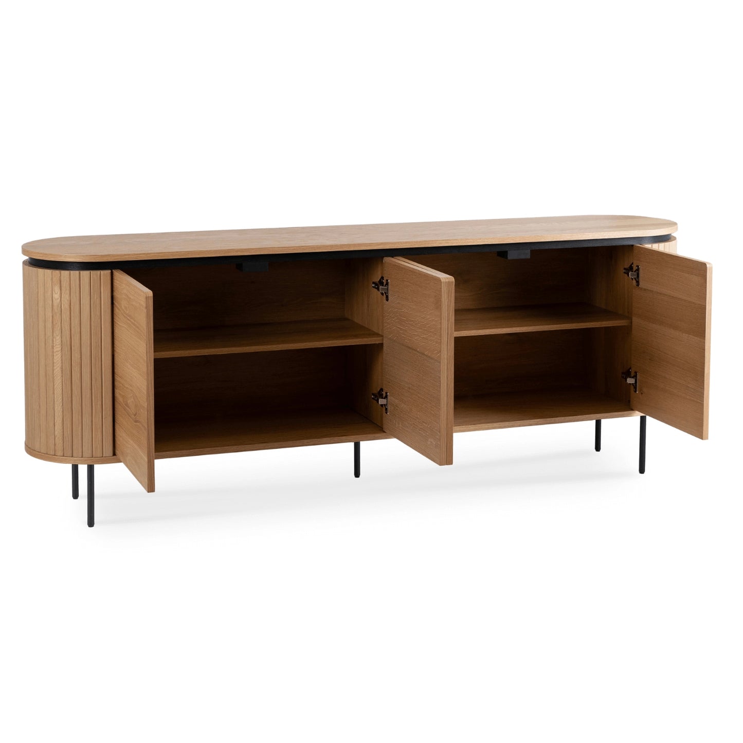 Sideboard Elvara 200 cm mit vier geöffneten Türen und geräumigen Einlegeböden