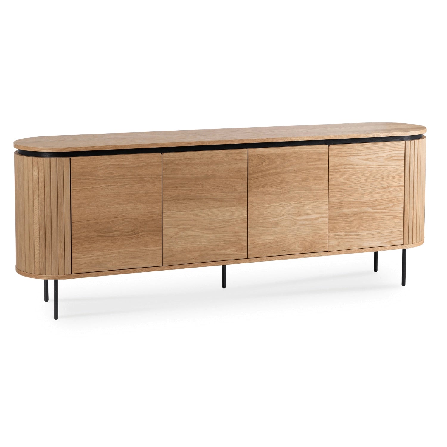 Sideboard Elvara 200 cm in Eiche-Optik mit vier Türen und schwarzen Metallfüßen