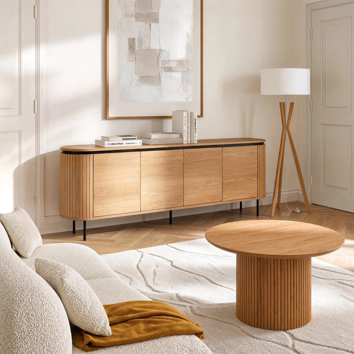 Sideboard Elvara 200 cm in Eiche-Optik und Schwarz im modernen Wohnzimmer