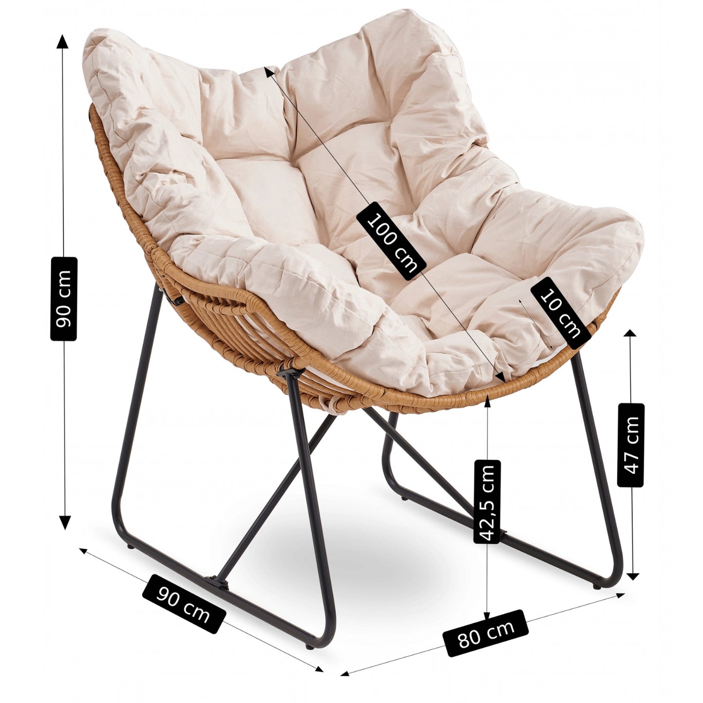 Maße des FIN Loungesessels: 90 cm hoch, 80 cm breit und 90 cm tief