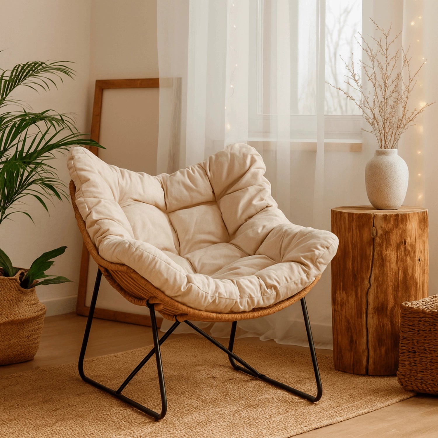 FIN Loungesessel in Beige in einem warm eingerichteten Wohnbereich