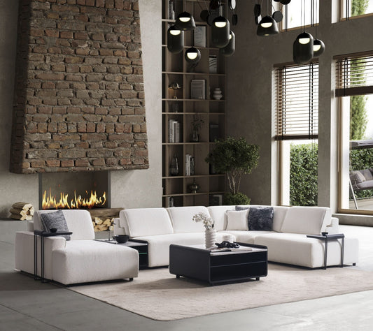Ecksofa Gimino mit Couchtisch, 5-teilig: Eckmodul, Ruhemodul und Sitzelemente