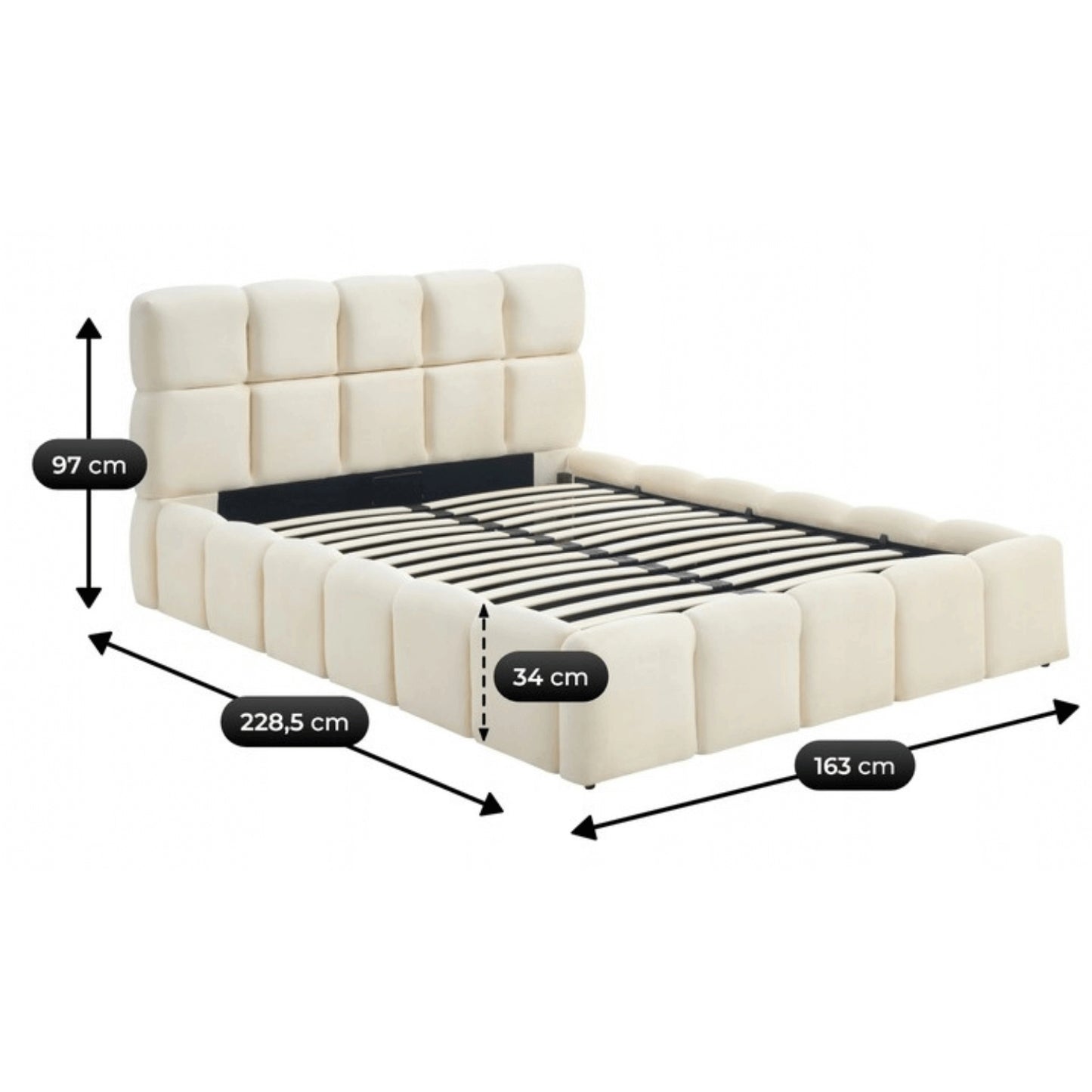 Polsterbett Liora 140x200 cm in Creme mit gepolstertem Kopfteil und umlaufender Polsterung