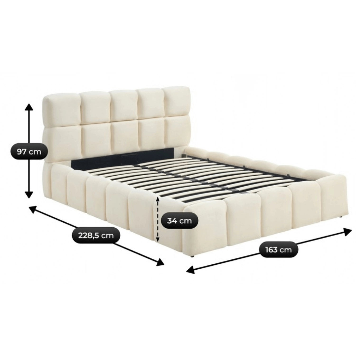 Polsterbett Liora 140x200 cm in Creme mit gepolstertem Kopfteil und umlaufender Polsterung