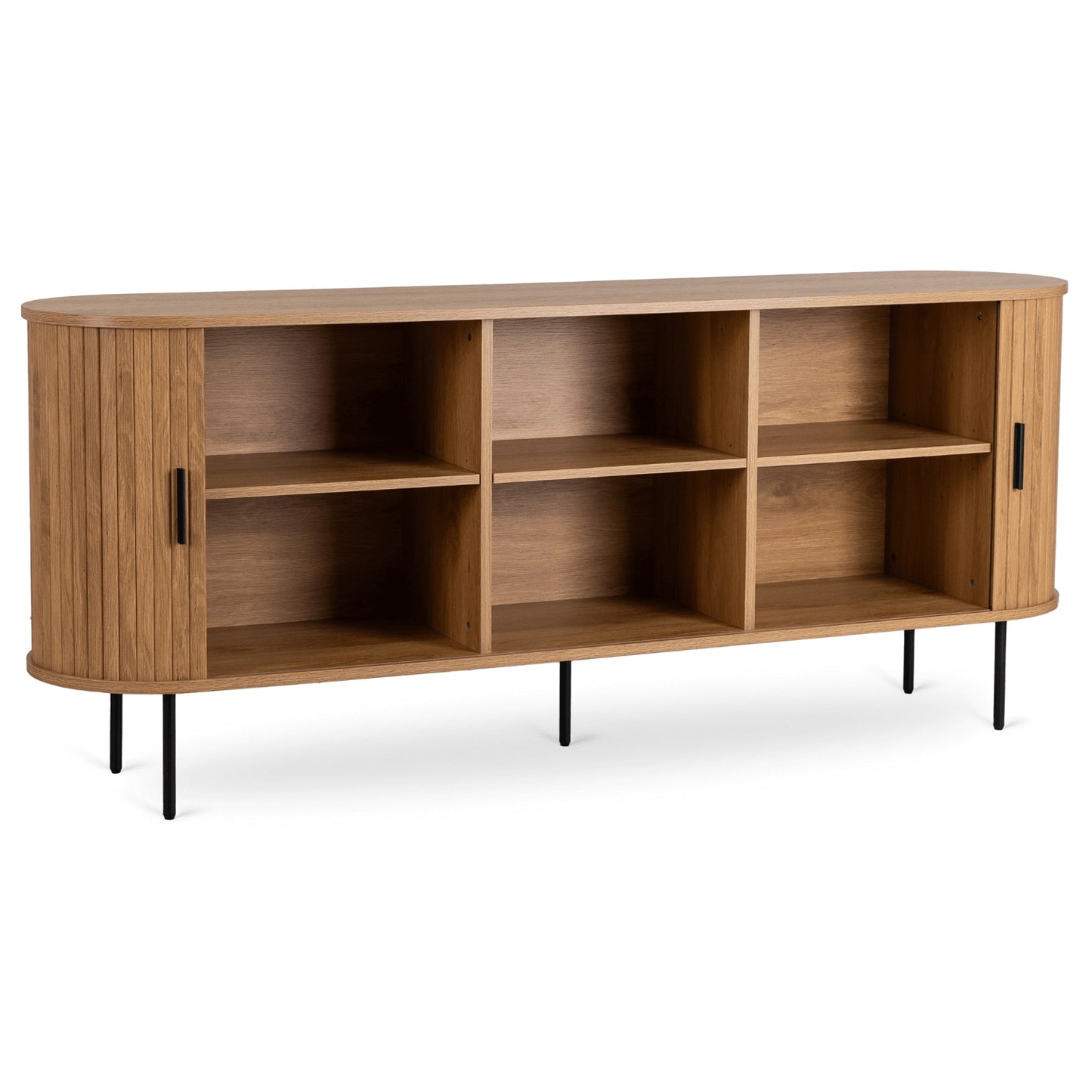 Geöffnetes Sideboard Liora mit sechs geräumigen Fächern und Schiebetüren