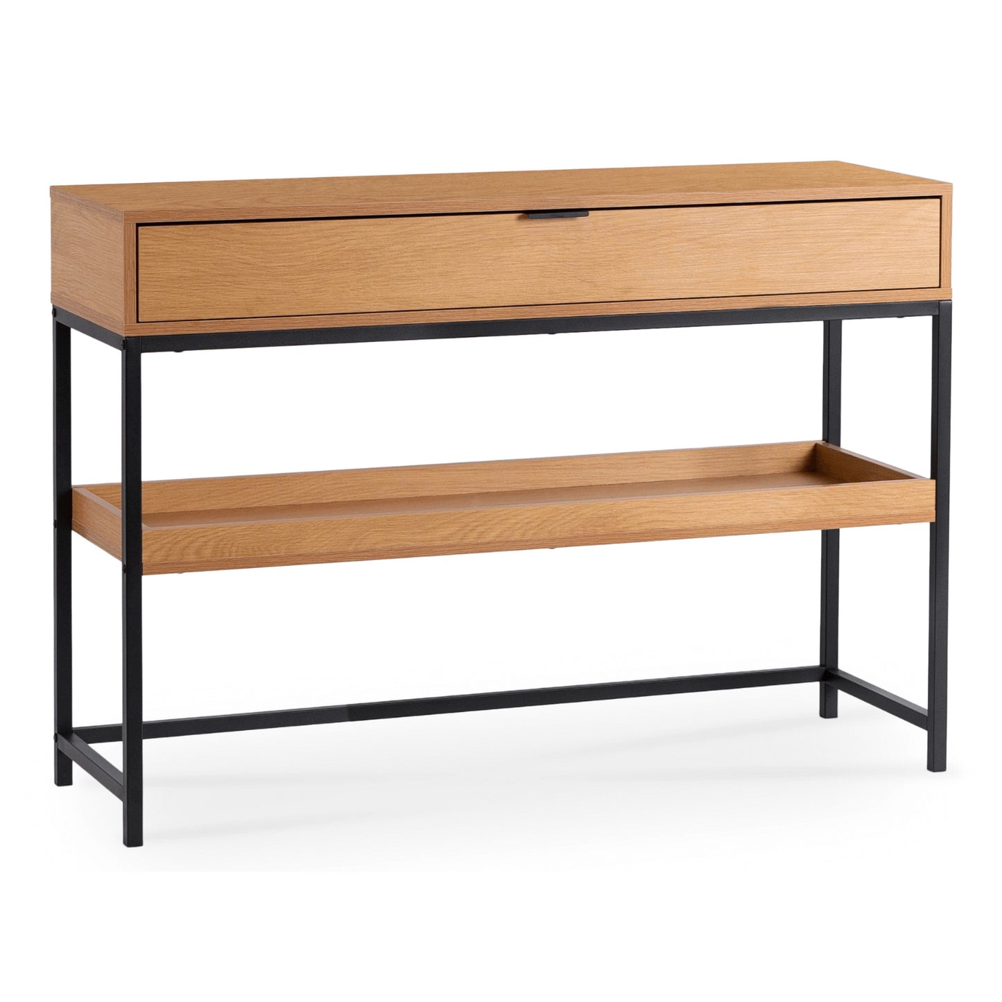Konsolentisch Norell 110 cm in Eiche-Optik mit schwarzem Metallgestell, Schublade und Ablage