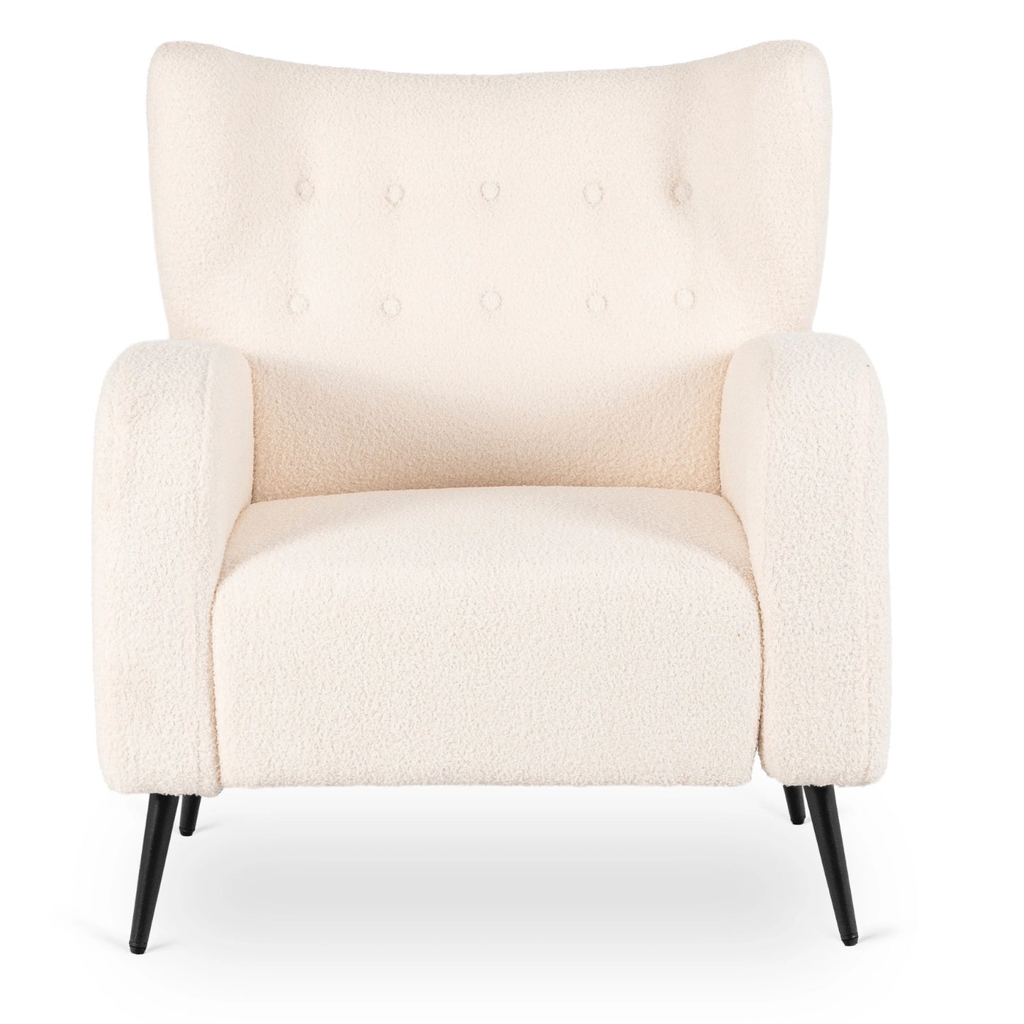 Seitliche Ansicht des Bouclé-Sessels Norella in Creme mit hoher Rückenlehne