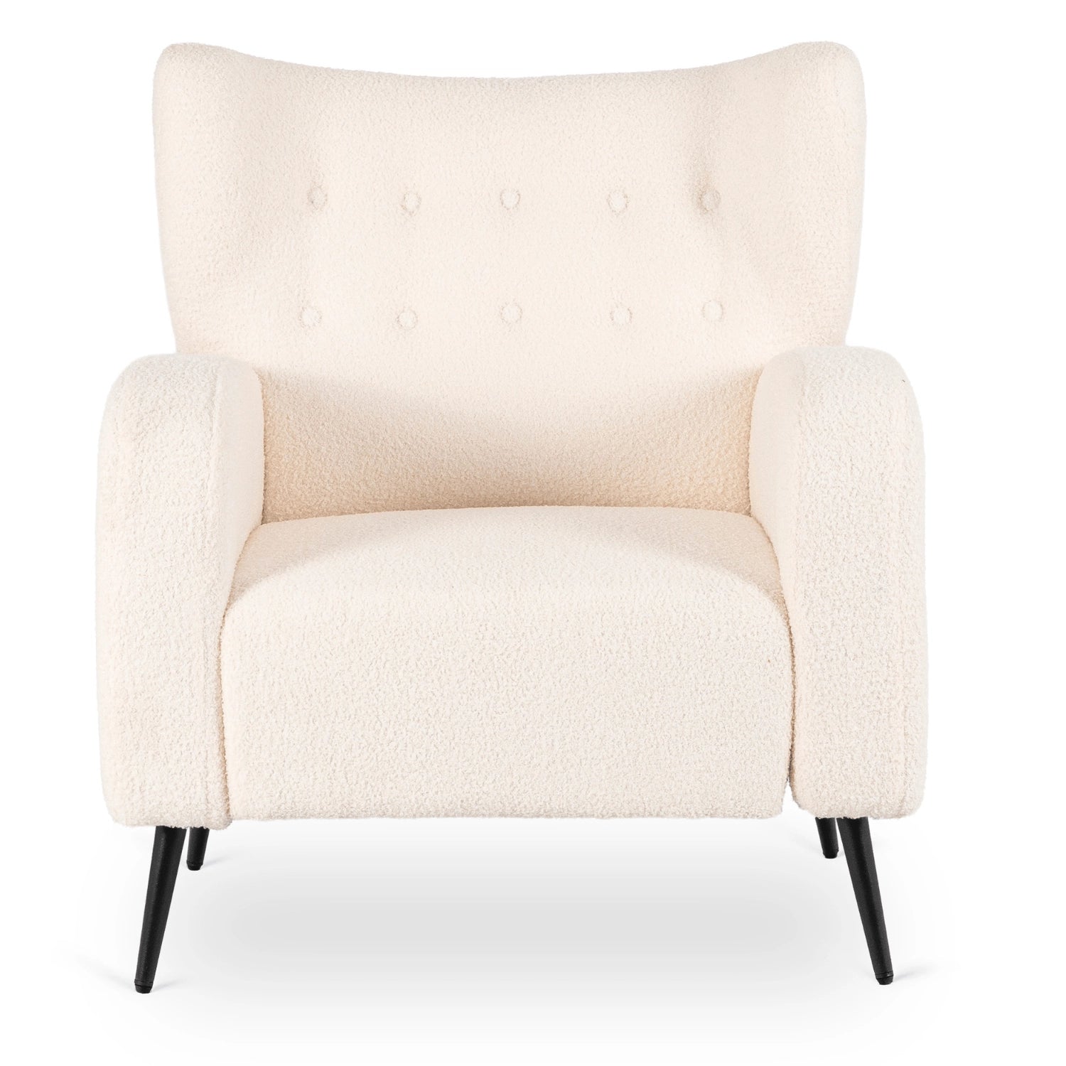 Seitliche Ansicht des Bouclé-Sessels Norella in Creme mit hoher Rückenlehne