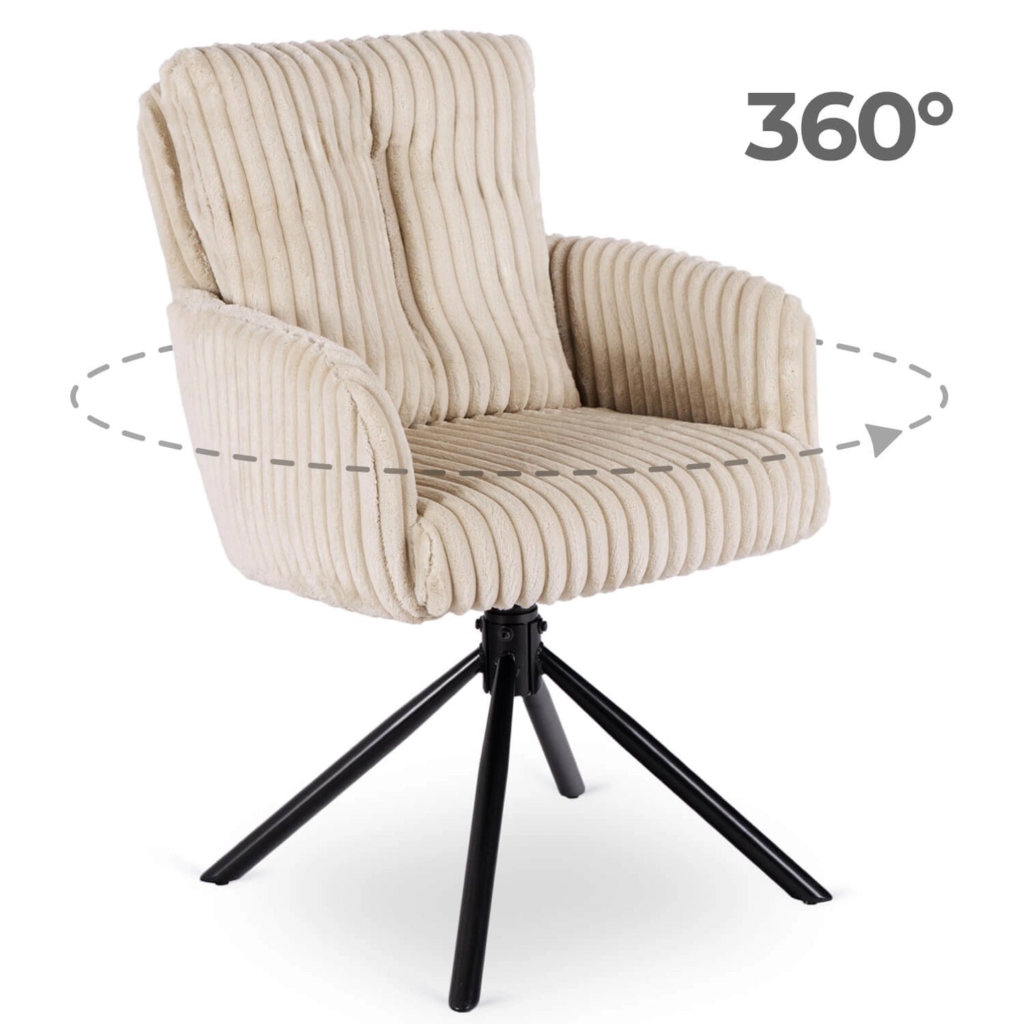 Drehbarer Esszimmerstuhl Novara in Beige mit Armlehnen und schwarzem Metallgestell, 360 Grad drehbar