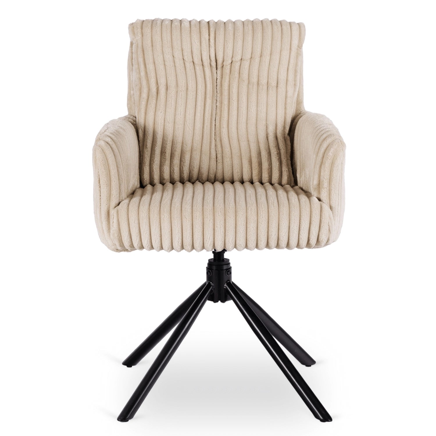 Frontansicht des drehbaren Esszimmerstuhls Novara in Beige mit hoher Rückenlehne und Armlehnen