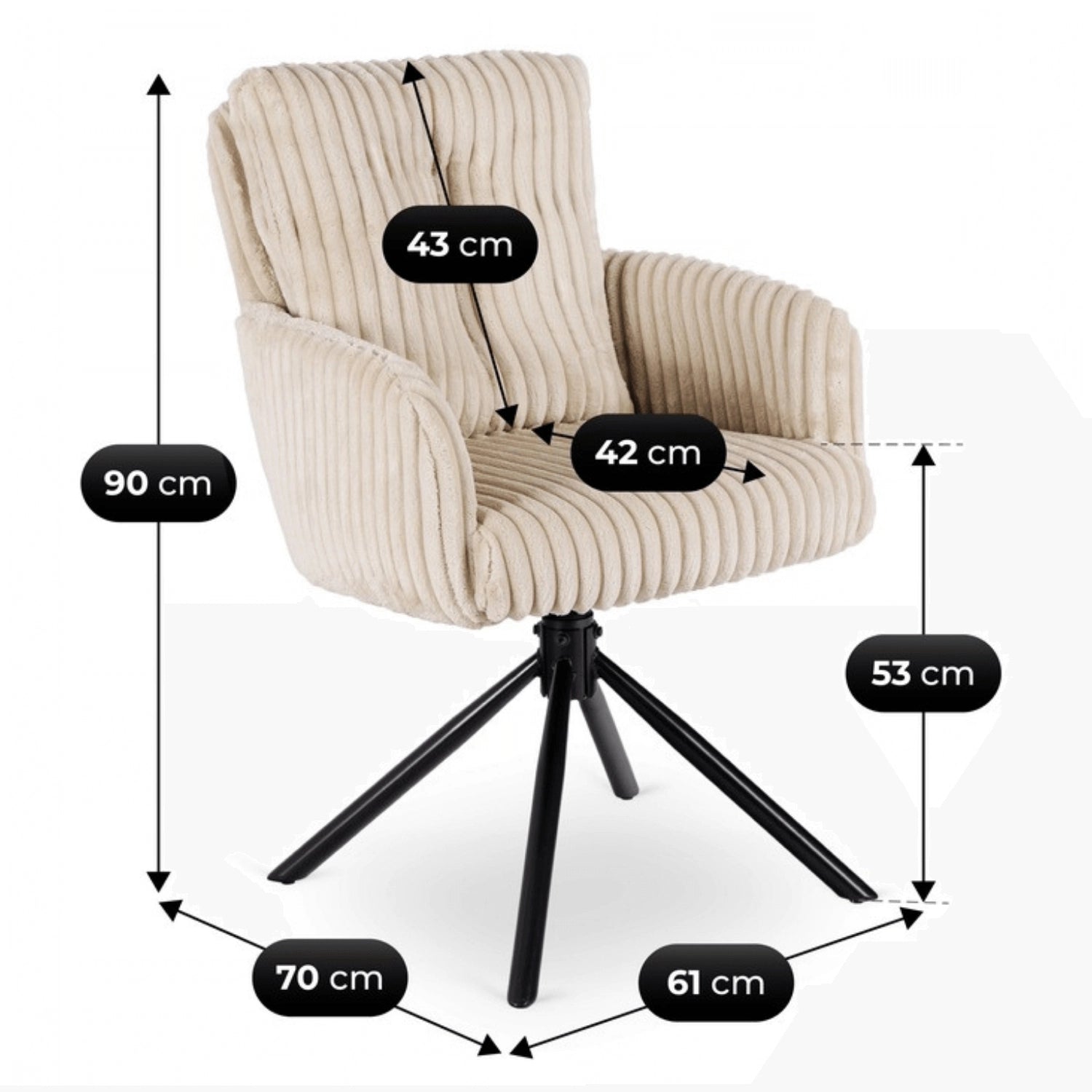 Maße des drehbaren Esszimmerstuhls Novara: 90 cm hoch, 70 cm tief und 61 cm breit