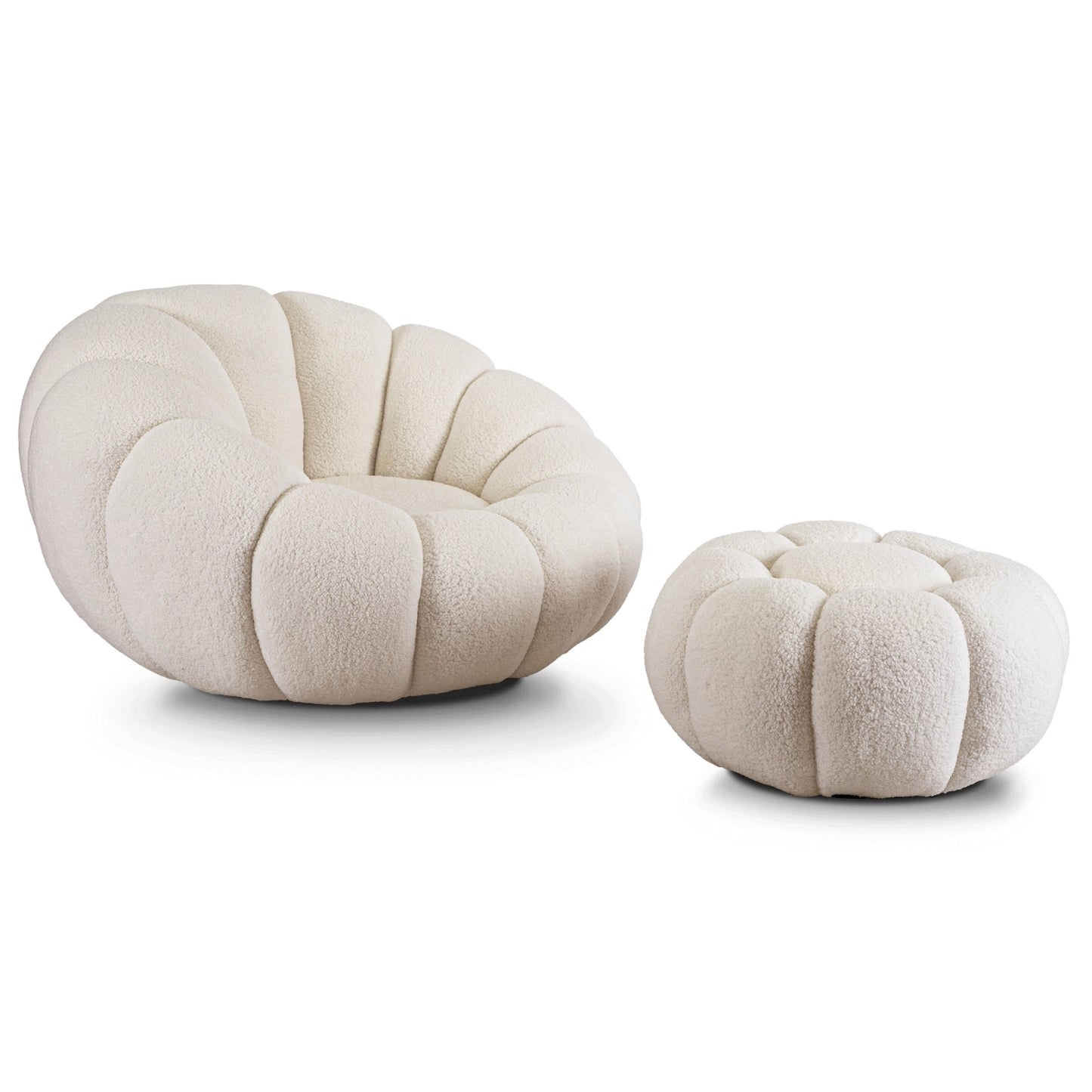Drehsessel Nuvira und runder Hocker in cremefarbener Bouclé-Optik als Set