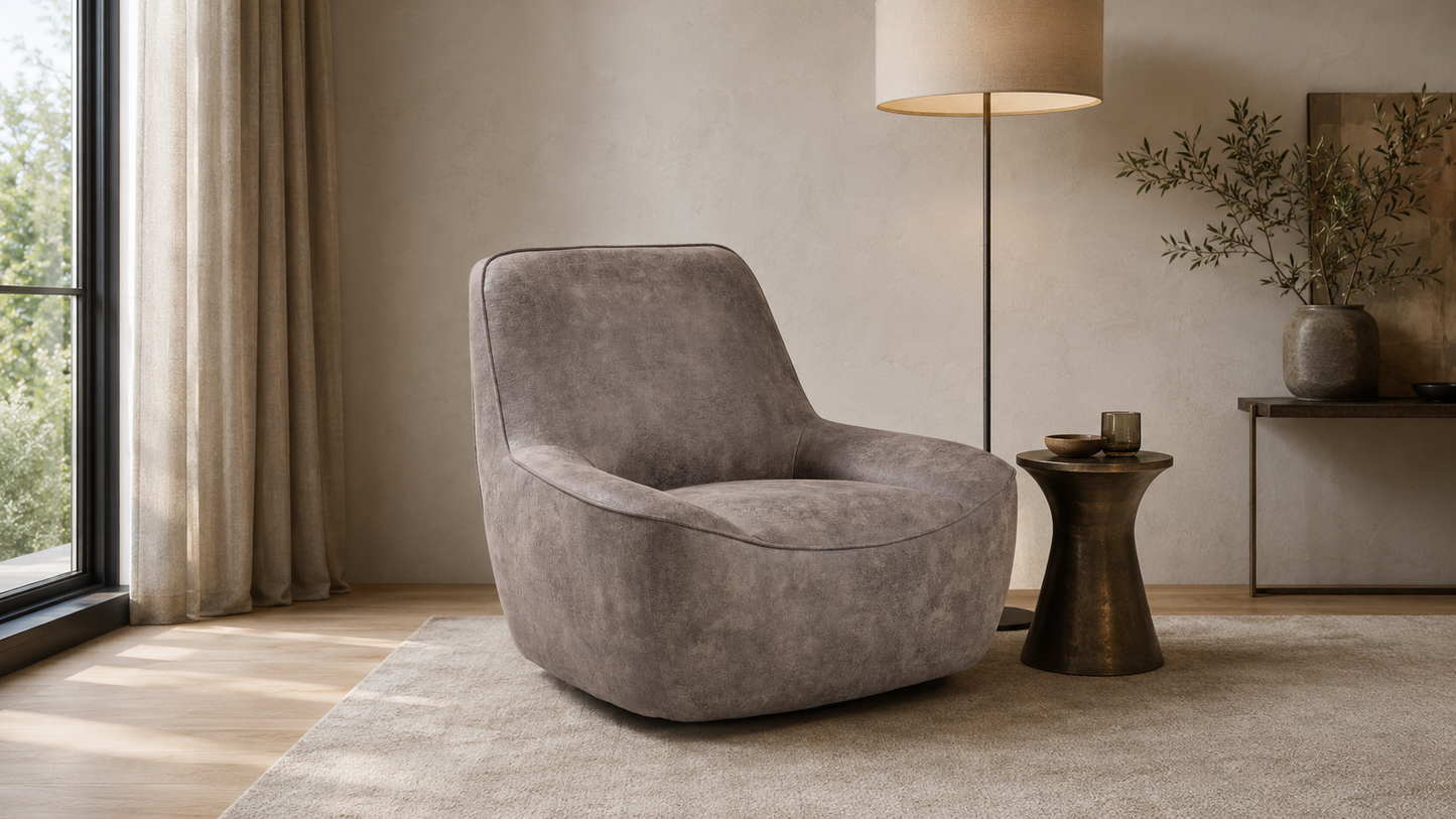 Sessel Olina in Graubeige im modernen Wohnzimmer