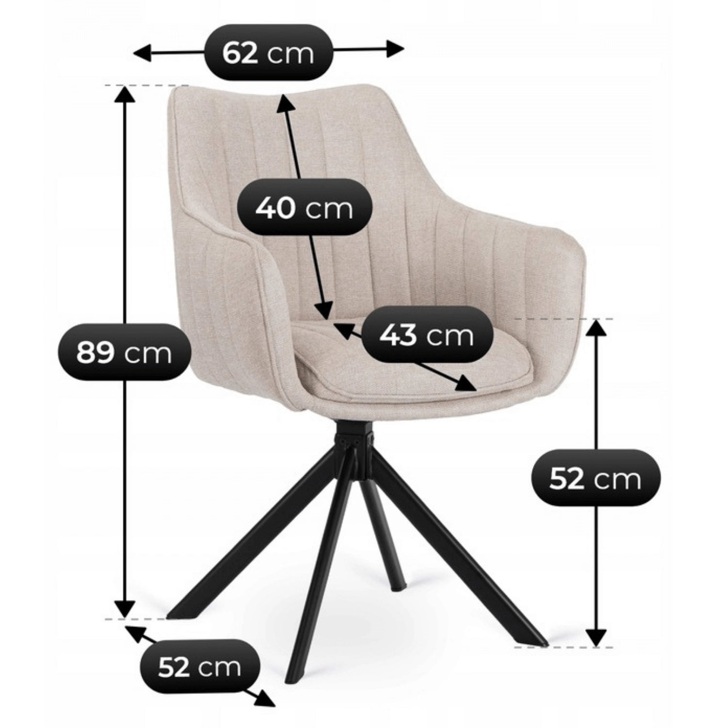 Maße des Marsely Ravello Drehstuhls: 62 cm breit, 52 cm tief und 89 cm hoch