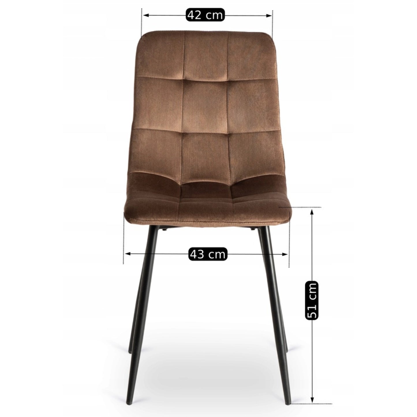 Frontmaße des Esszimmerstuhls Siena: 42 cm Rückenbreite und 43 cm Sitzbreite