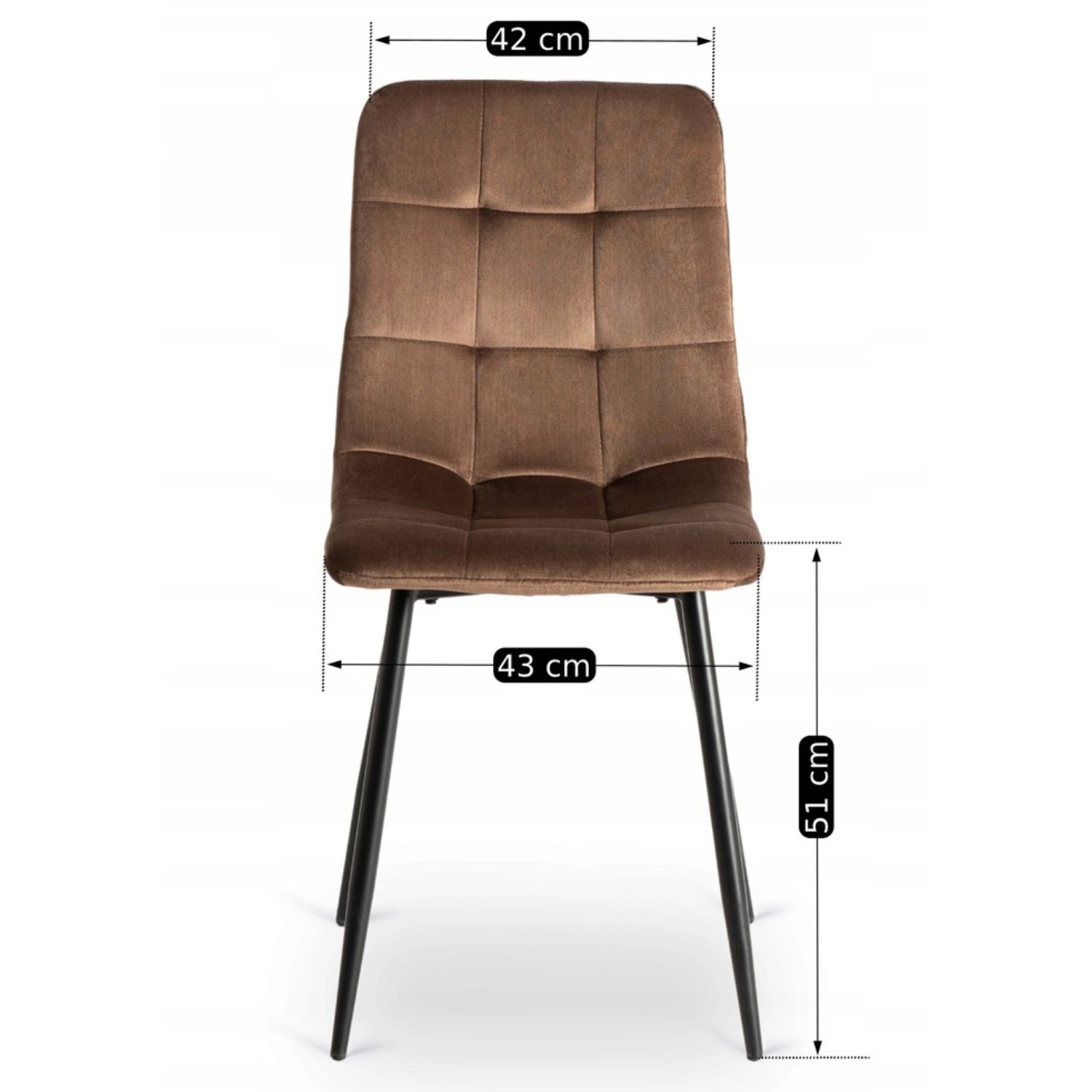 Frontmaße des Esszimmerstuhls Siena: 42 cm Rückenbreite und 43 cm Sitzbreite