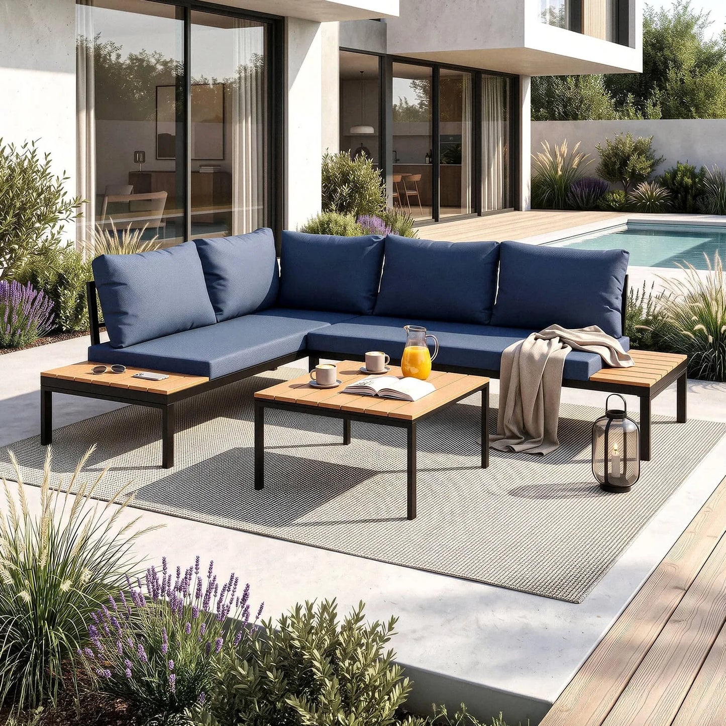 Norman Garten-Lounge-Set mit Ecksofa und Tisch – Blau & Schwarz