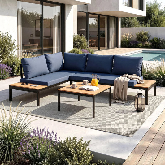 Norman Garten-Lounge-Set mit Ecksofa und Tisch – Blau & Schwarz