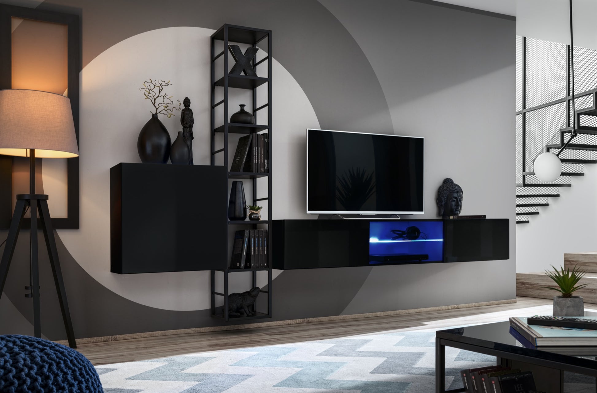 Wohnwand Ferrano Schwarz Hochglanz mit Metallregal