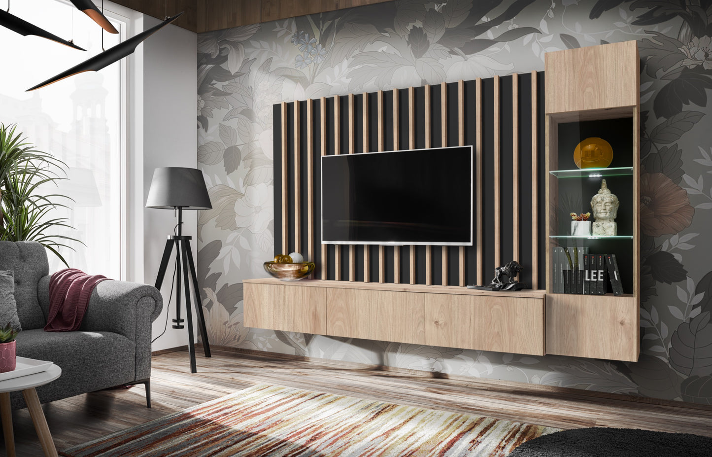 Wohnwand Striato Hickory Jackson mit Lamellenpaneel