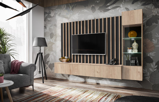 Wohnwand Striato Hickory Jackson mit Lamellenpaneel